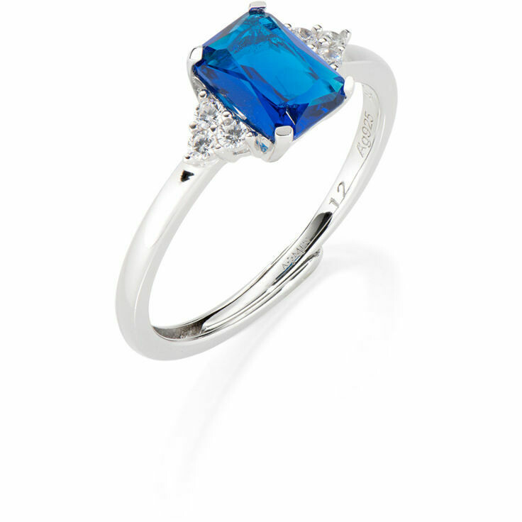 Amen adjustable ring in silver rectangular blue and white zircons