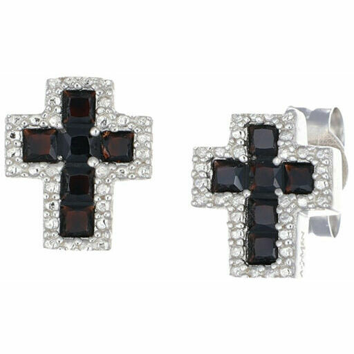 Amen cross lobe earrings in silver with white and black zircons