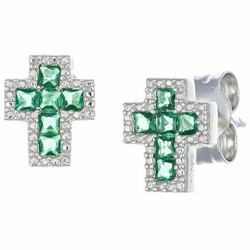 Amen cross lobe earrings in silver with white and green zircons
