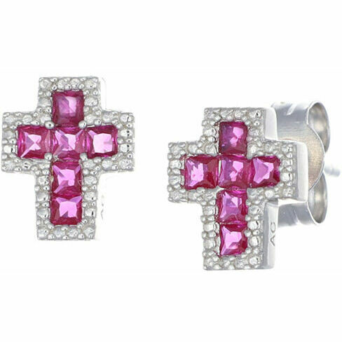 Amen cross lobe earrings in silver with white and red zircons