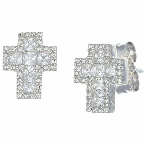 Amen cross lobe earrings in silver with white zircons