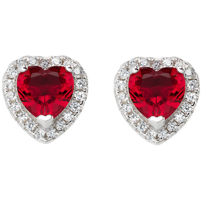 Amen earrings in heart-shaped silver and ruby zircon