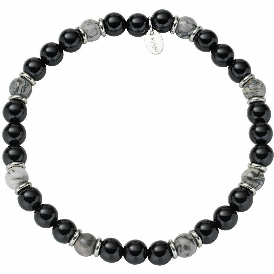 Amen elastic bracelet in steel and 6mm gray and black multicolor agate