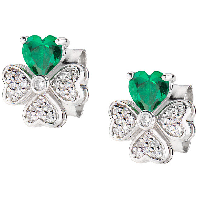 Amen heart-shaped four-leaf clover earrings in silver and white and green zircons