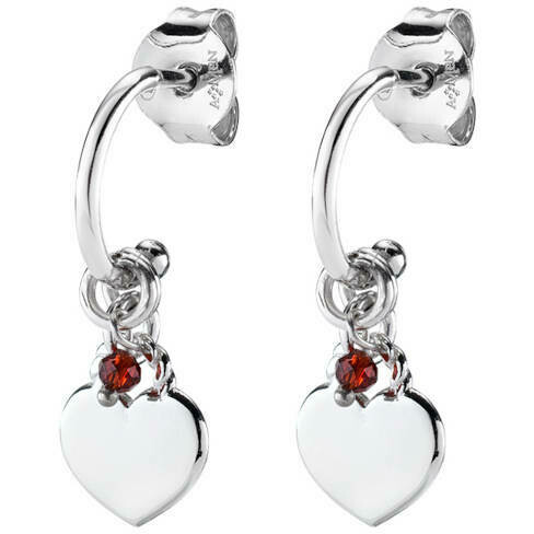 Amen hoop earrings in silver with hanging heart and crystals