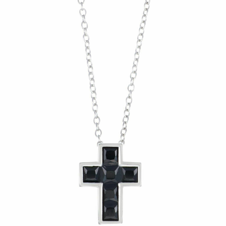 Amen necklace with cross pendant in silver and black zircons