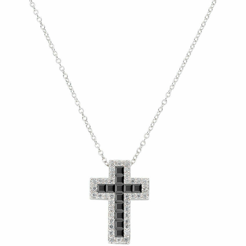 Amen necklace with large cross in black and white zircons