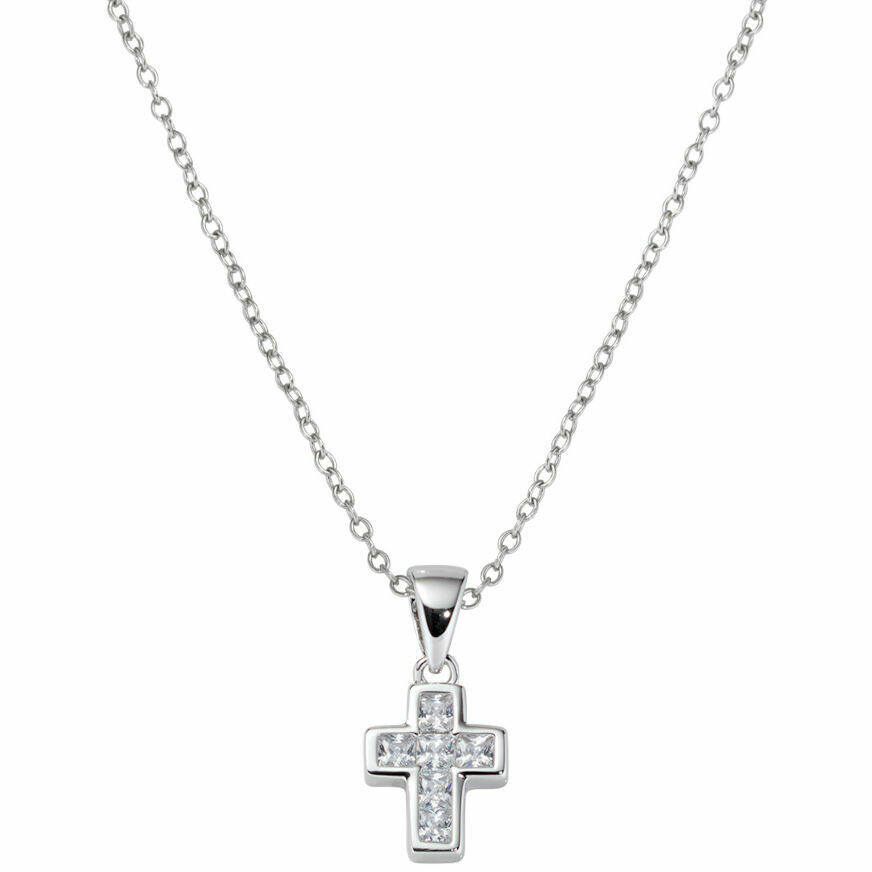 Amen necklace with mini cross pendant in silver and white zircons
