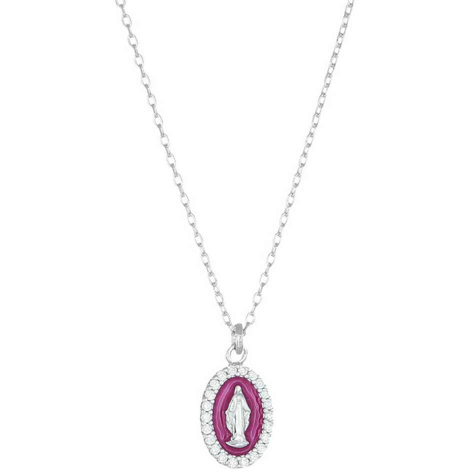Amen necklace with Miraculous Madonna pendant in silver and burgundy enamel