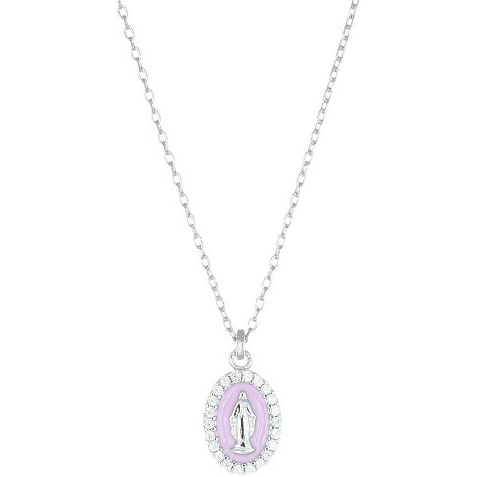 Amen necklace with Miraculous Madonna pendant in silver and pink enamel