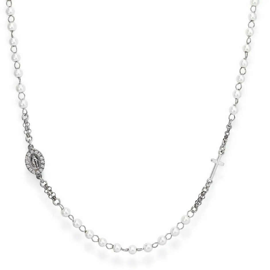 Amen rosary necklace round neck in silver and pearls