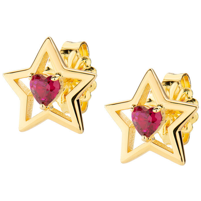 Amen star and heart lobe earrings in gold-plated silver and red zircons