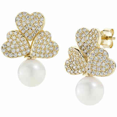 Amen Tris Earrings with Golden Hearts and Pearls Amen Tris Earrings with Golden Hearts and Pearls