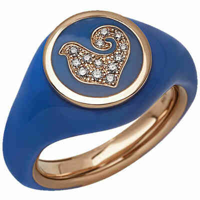 Anello Chantecler Paillettes sigillo in oro rosa smalto blu e galletto in diamanti Anello Chantecler Paillettes sigillo in oro rosa smalto blu e galletto in diamanti