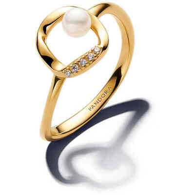 Anello Pandora Cerchio Linea Sinuosa con Perla e Pavè placcato oro Anello Pandora Cerchio Linea Sinuosa con Perla e Pavè placcato oro