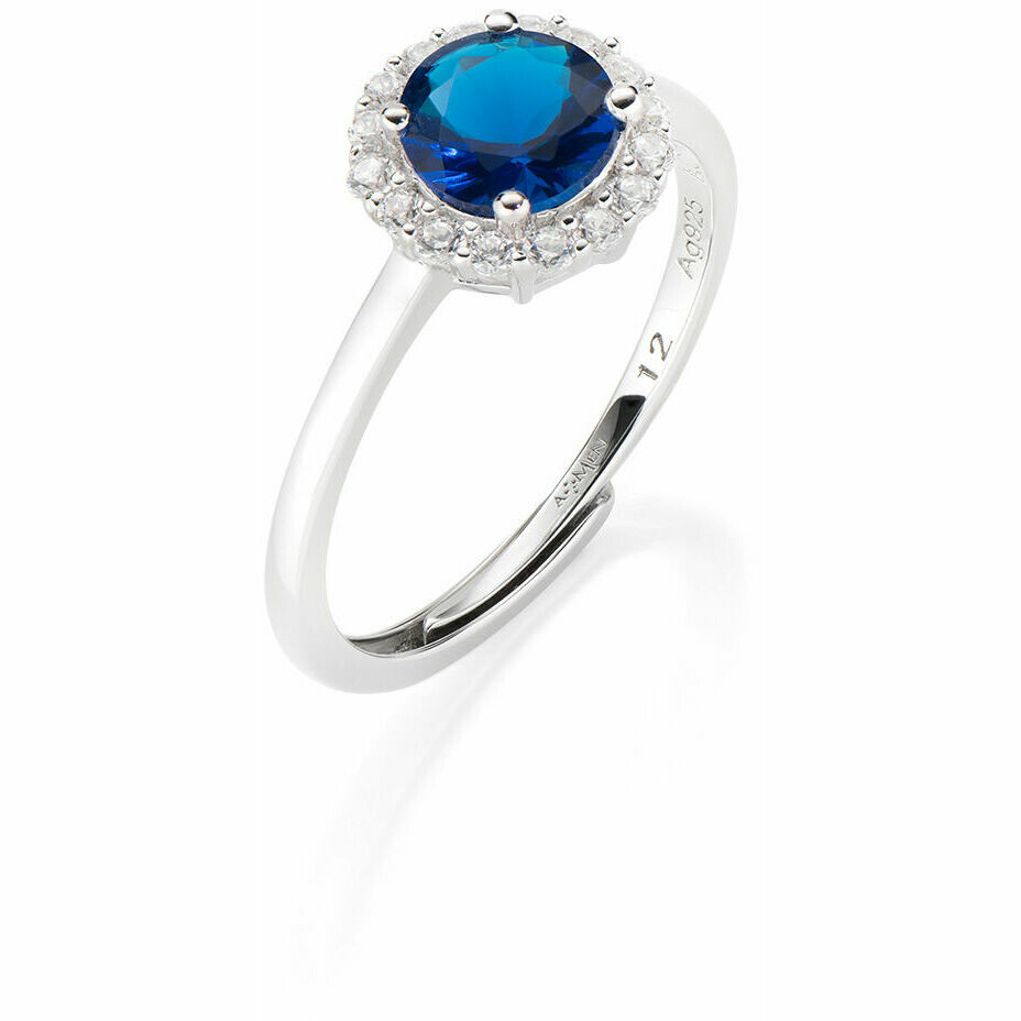 Anello regolabile Amen in argento con zircone blu e contorno bianco