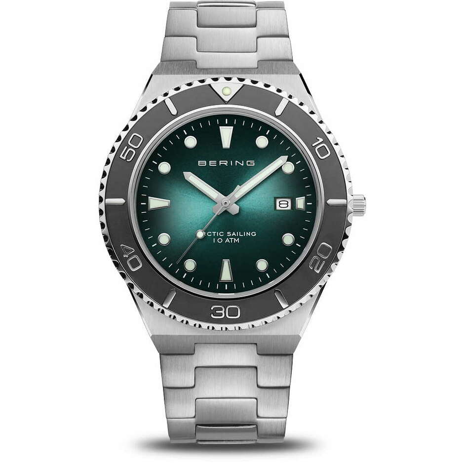 Bering men's diving watch in steel and green dial