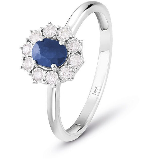 Bliss Charleston ring in white gold with blue sapphire and diamond surround