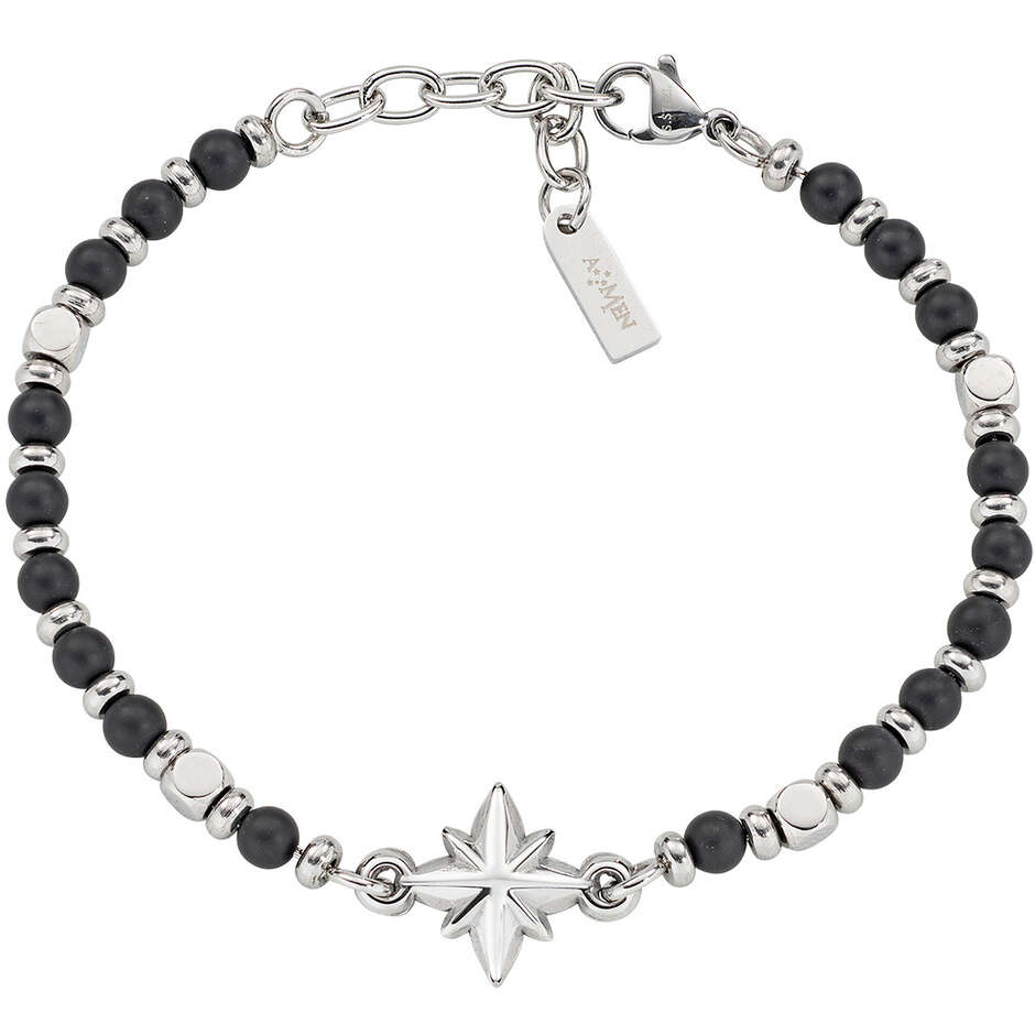 Bracciale Amen da uomo in acciaio e onice nero con charm rosa dei venti