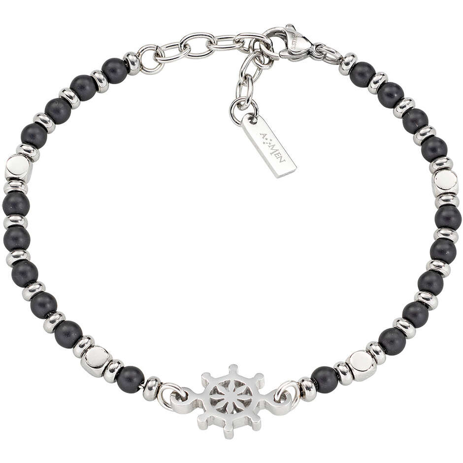 Bracciale Amen da uomo in acciaio e onice nero con ciondolo timone