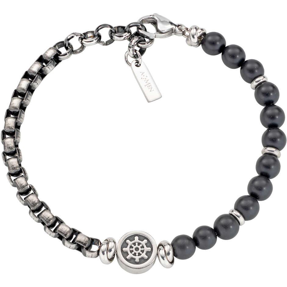 Bracciale Amen da uomo in acciaio e onice nero con simbolo timone