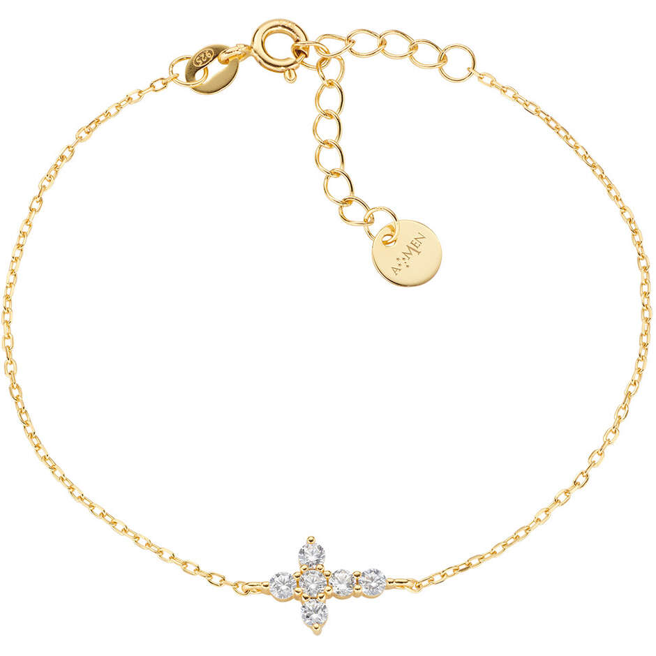Bracciale Amen in argento dorato con croce zirconi bianchi