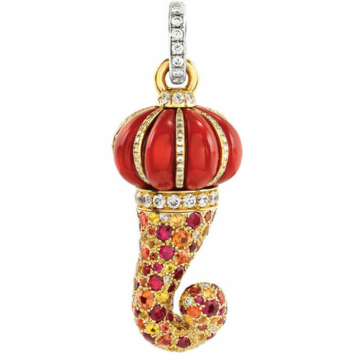 Chantecler Corno pendant in gold, diamonds, sapphires, rubies and coral with diamonds