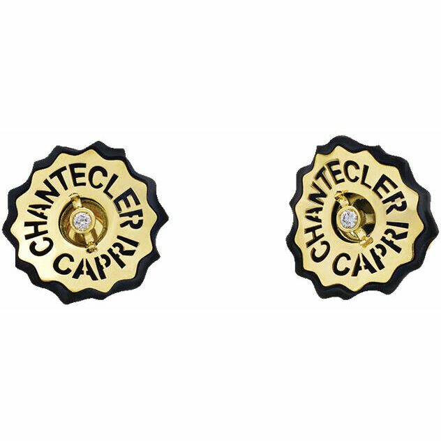 Chantecler Logo earrings in yellow gold, diamonds and black resin