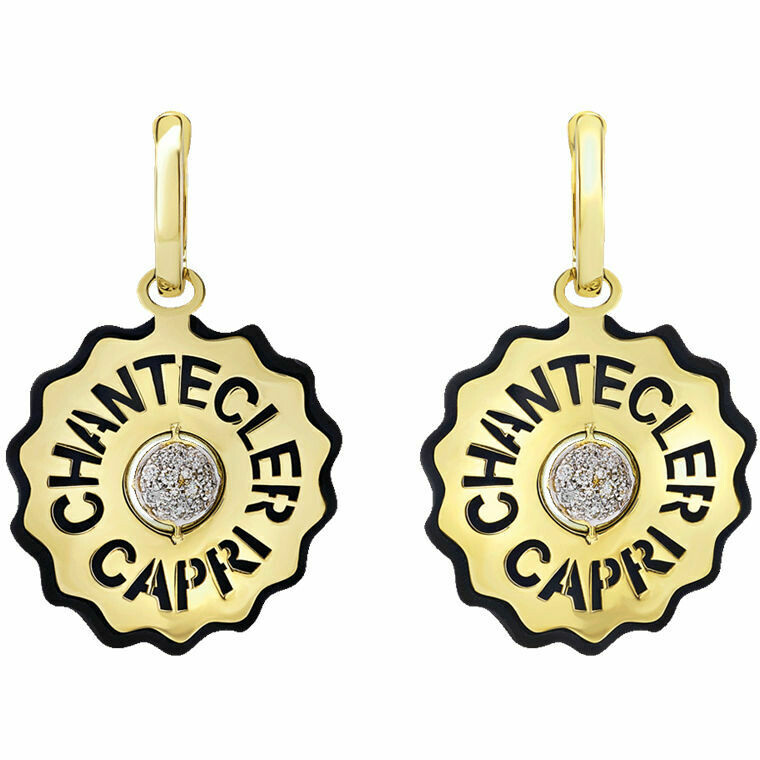 Chantecler Logo earrings in yellow gold, diamonds and black resin