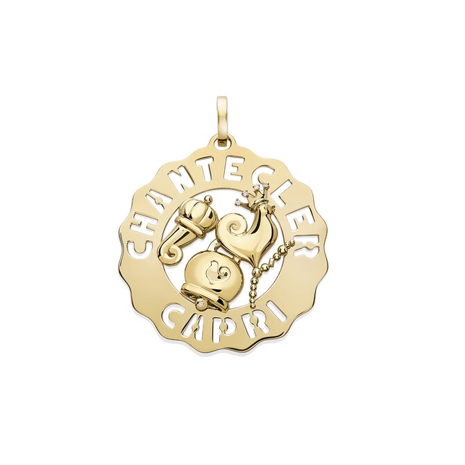 Chantecler Logo large rooster bell croissant pendant in 18kt yellow gold and diamonds