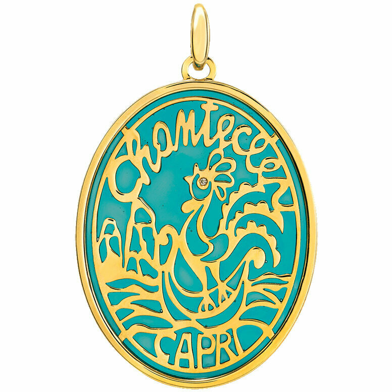 Chantecler Logo Pendant in Yellow Gold and Teal Enamel