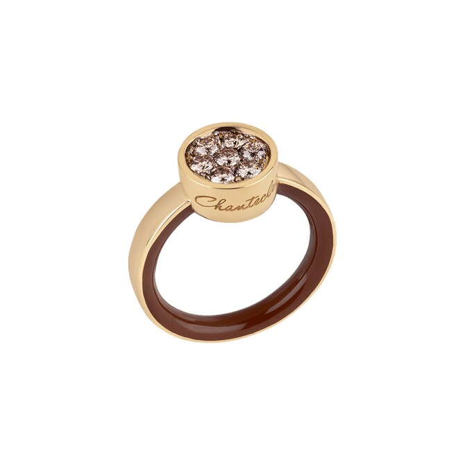 Chantecler Paillettes ring in yellow gold, Champagne diamonds and caramel enamel