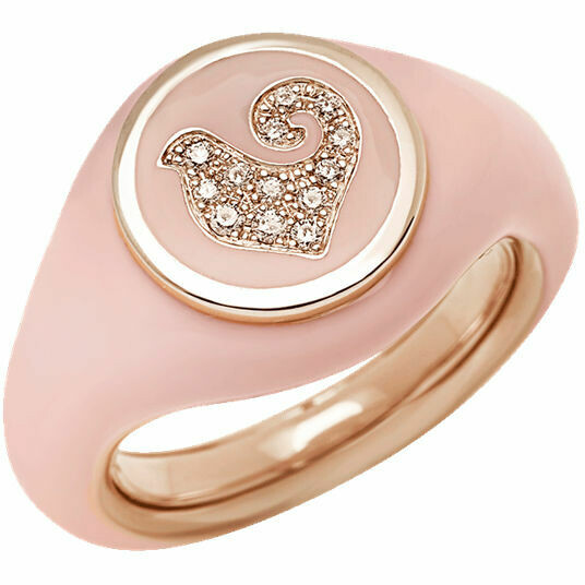 Chantecler Paillettes seal ring in pink gold, pink enamel and cockerel in diamonds