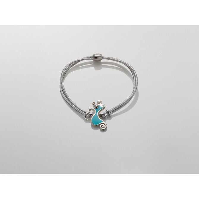Chantecler seahorse bracelet in silver and green enamel eyes with diamond and black cord