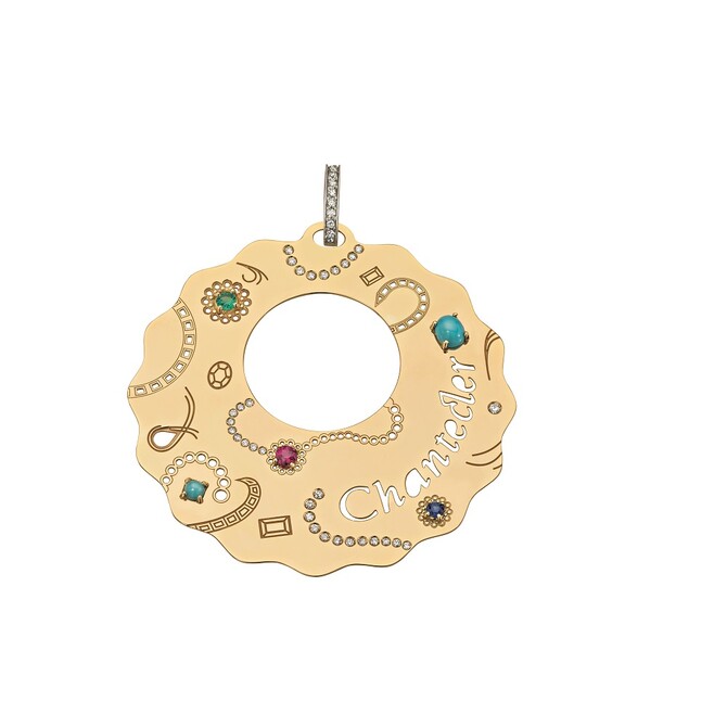 Chantecler Suamem maxi pendant in yellow gold with turquoise sapphires rubies emeralds and diamonds