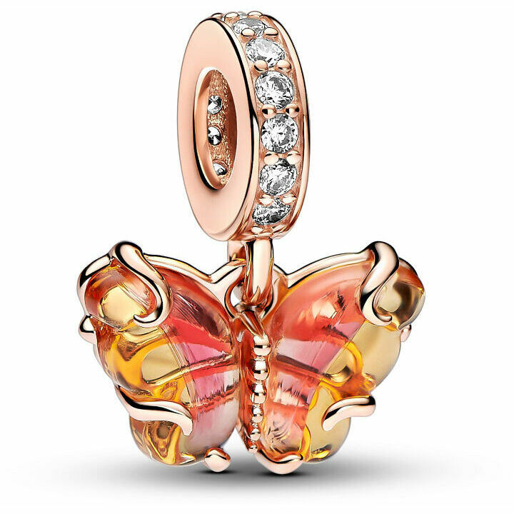 Charm Pandora Pendente Farfalla Vetro di Murano Arancione e Rosa
