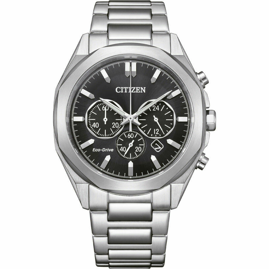 Citizen eco drive chronograph watch in steel and black dial