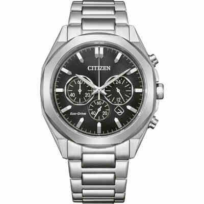 Citizen eco drive chronograph watch in steel and black dial