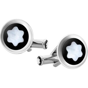 Gemelli Montblanc rotondi in acciaio con inserto in nero e madreperla Gemelli Montblanc rotondi in acciaio con inserto in nero e madreperla