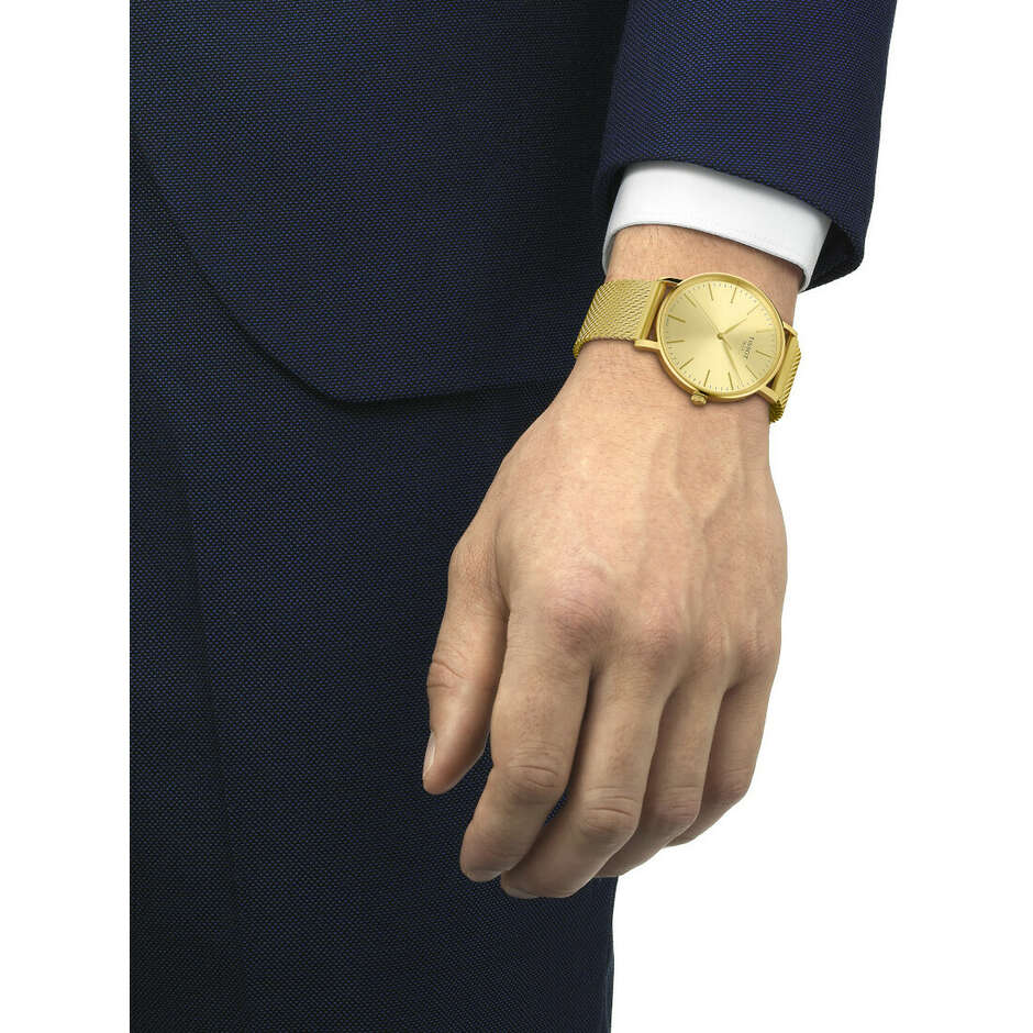 Golden Tissot Everytime Milanese mesh quartz watch