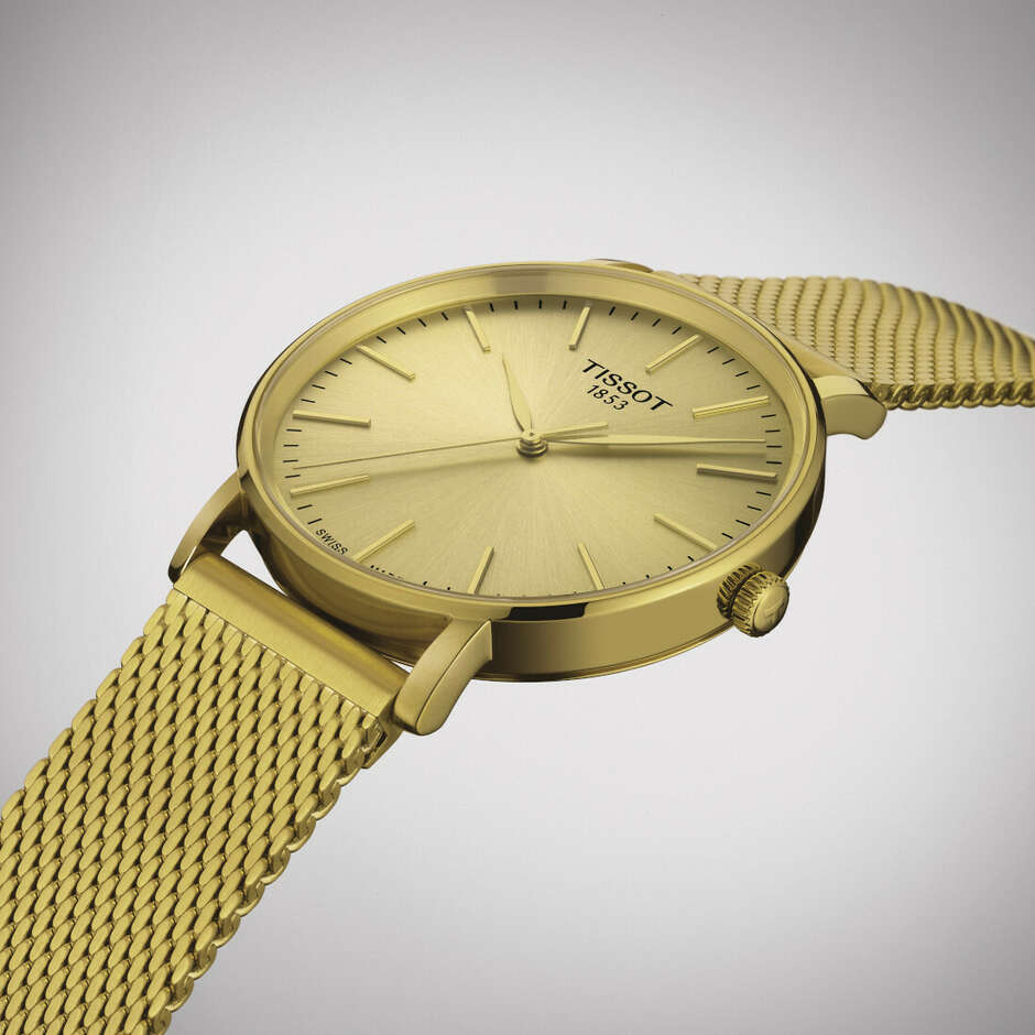 Golden Tissot Everytime Milanese mesh quartz watch