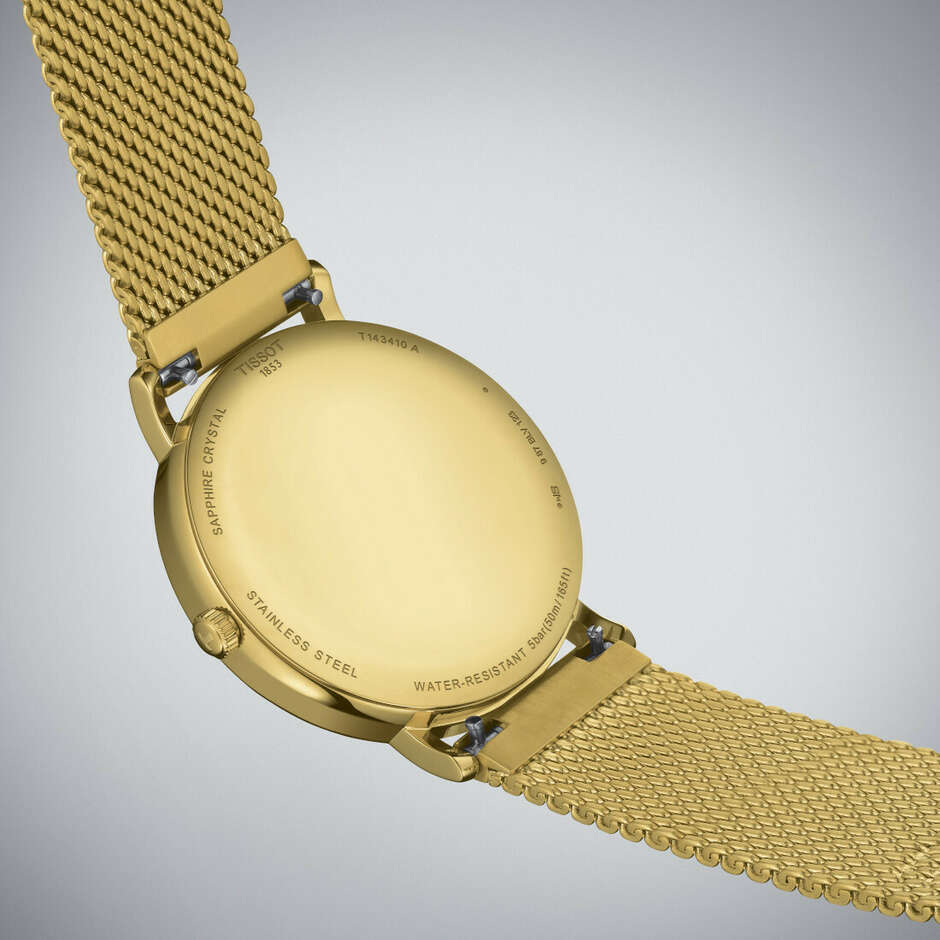 Golden Tissot Everytime Milanese mesh quartz watch