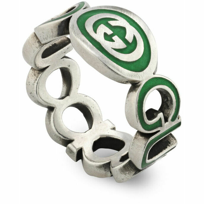 Gucci Interlocking G ring in silver and green enamel 9mm