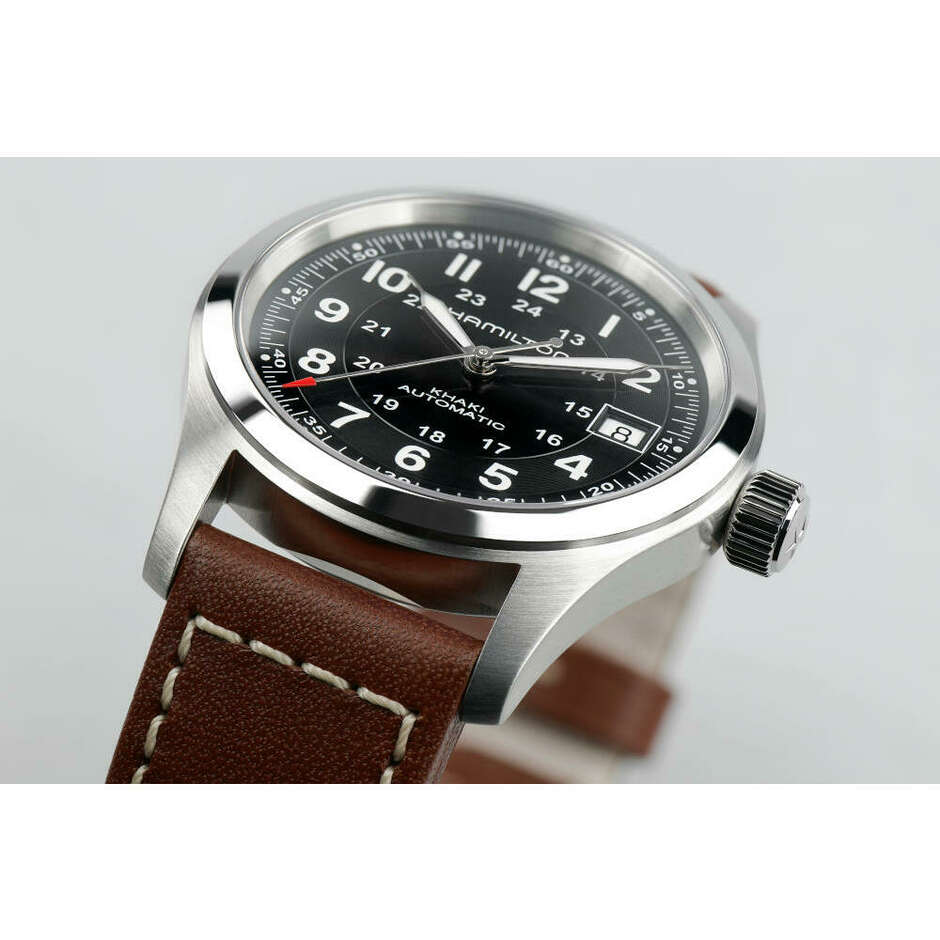 Hamilton Khaki Field automatic watch, black, brown strap
