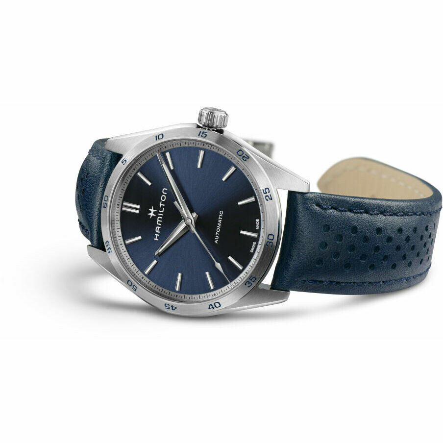 Hamilton Performer men's watch in steel and leather with blue dial