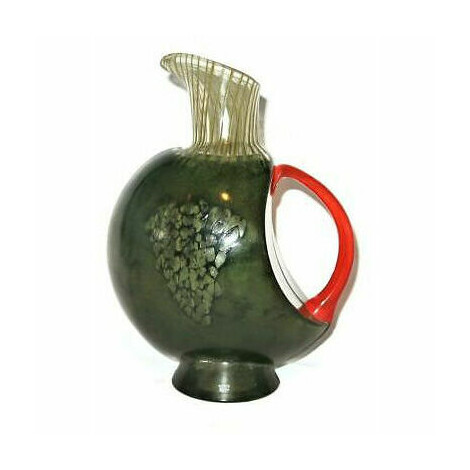 Kosta Boda Green Decorated Glass Jug with Red Handle