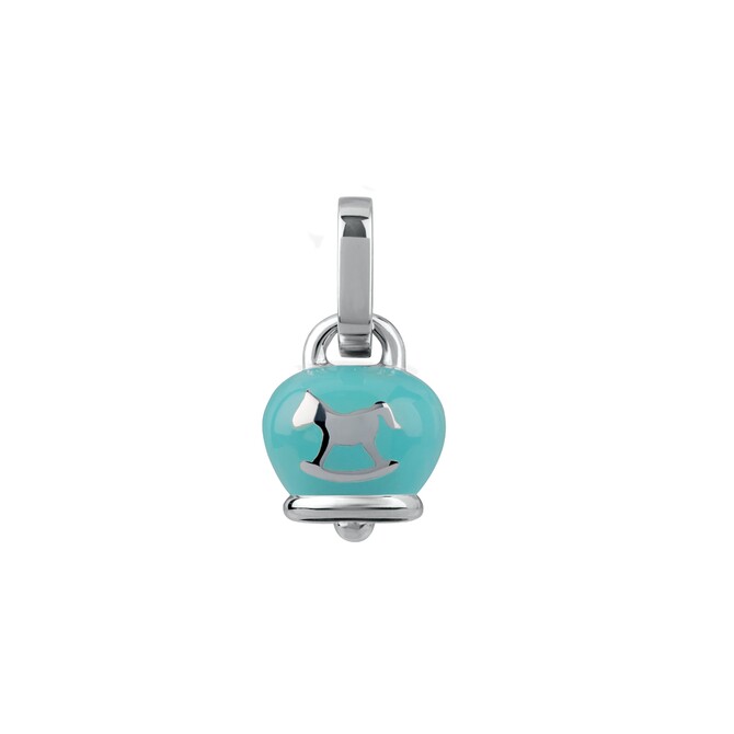 Micro bell pendant with rocking horse in silver and pearly blue enamel