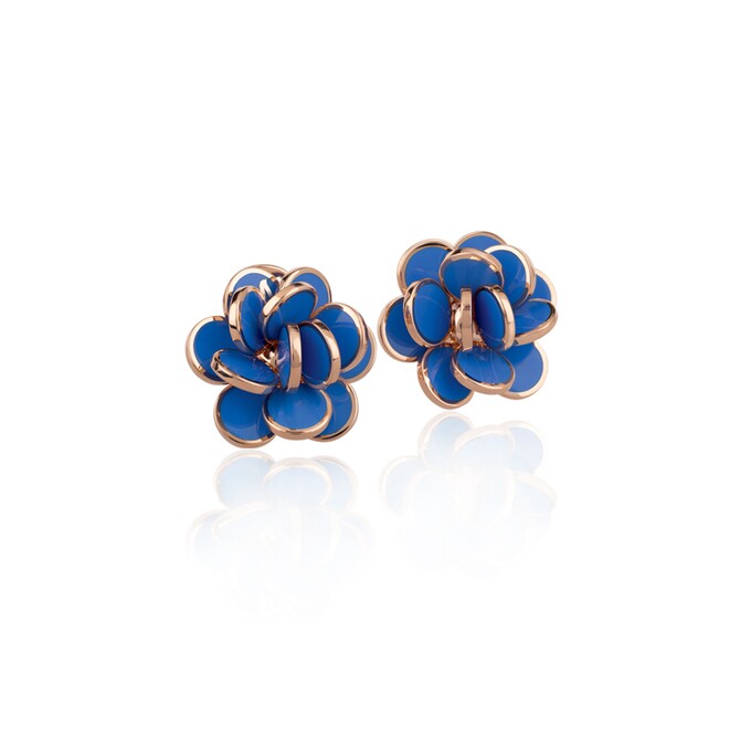 Mini sequined Chantecler lobe earrings in rose gold and Capri blue enamel