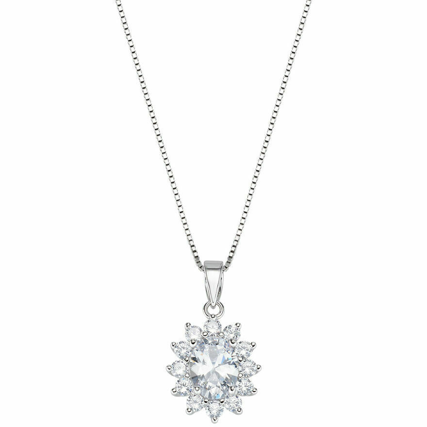 Necklace with Oval Pendant in Silver and Zircons Amen