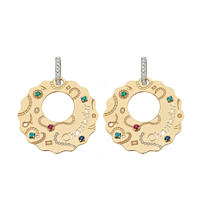 Orecchini Chantecler in oro con turchese zaffiri rubini smeraldi e diamanti